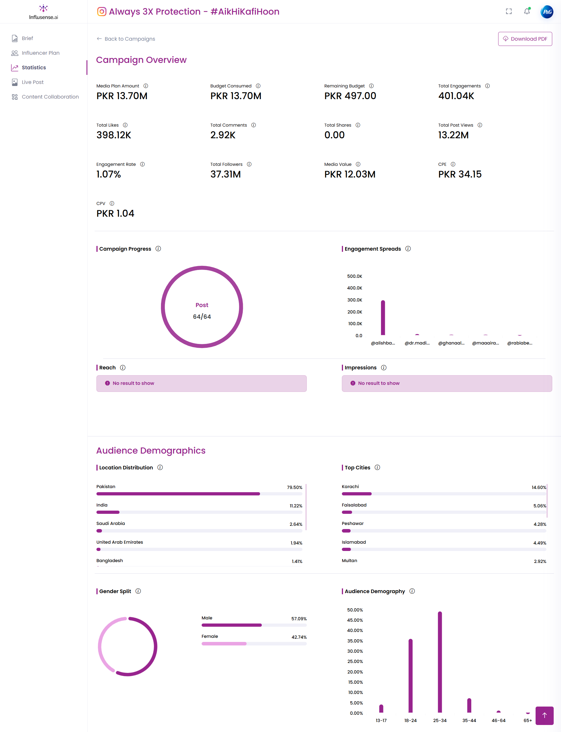 Influsense campaign statistics report with reach, engagement and audience charts